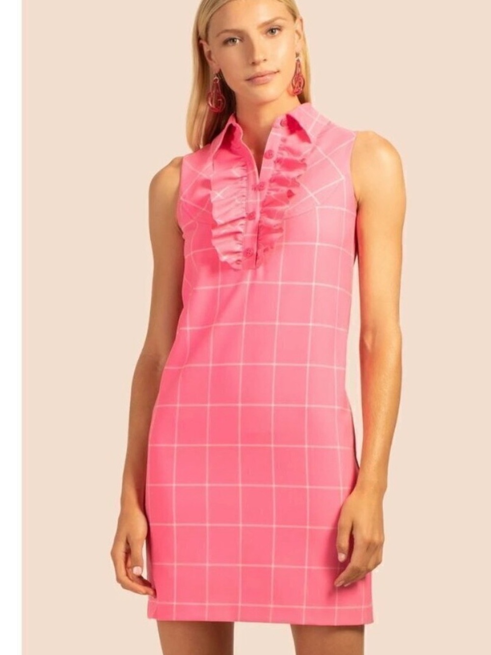 Trina Turk Pink Windowpane Ruffle Sleeveless Shift Dress